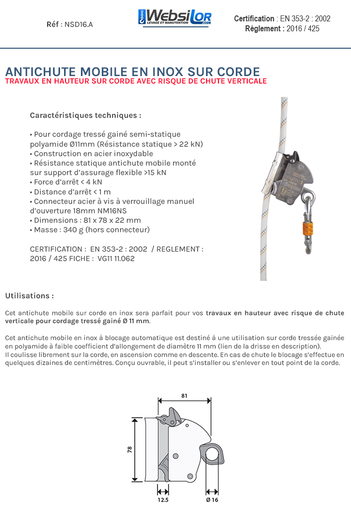 Informations techniques Antichute inox pour drisse Ø 11 mm
